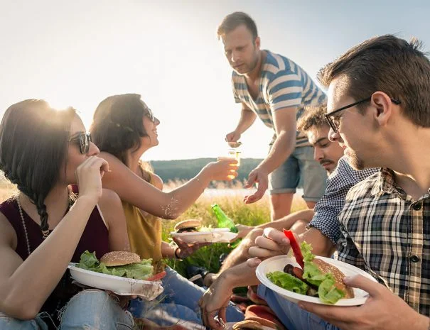 Groep vrienden die picknicken aan het veerse meer